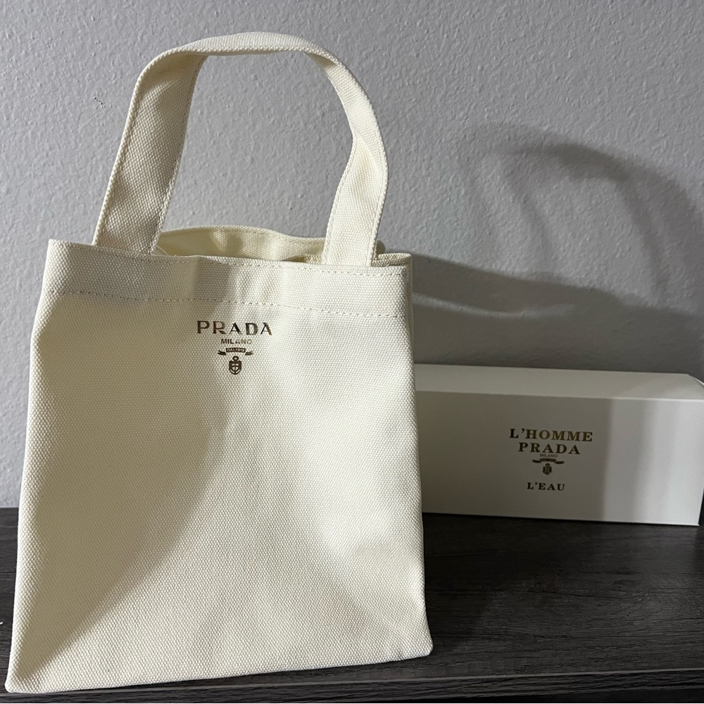 Prada Cream Canvas Tote Bag with Iconic Branding